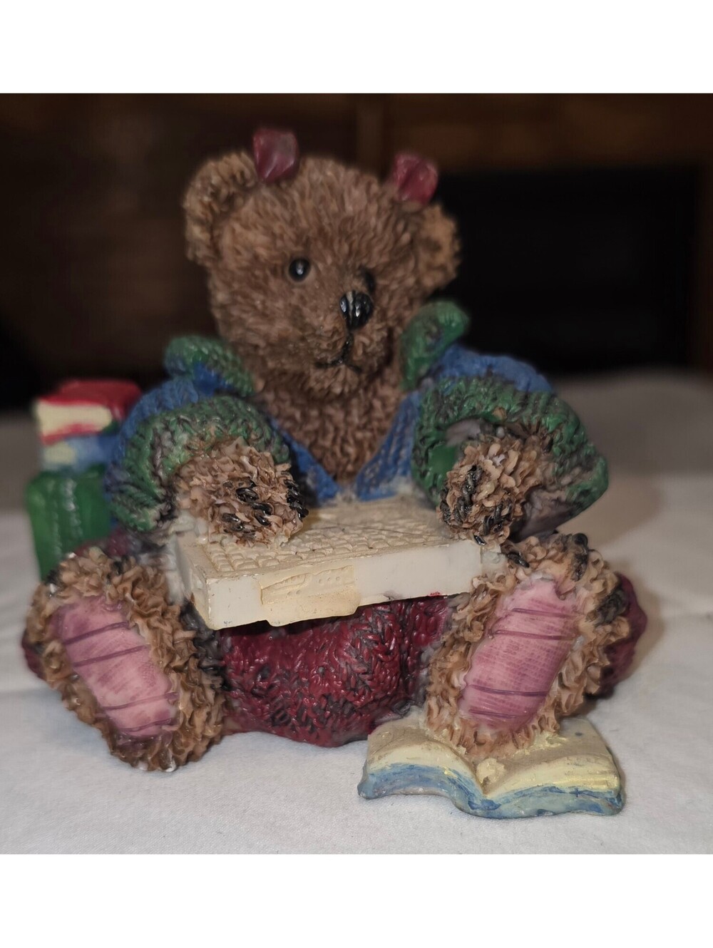 Cute bear figurine showing bear on a laptop; stylized‎ similar to a Boyd's Bear.